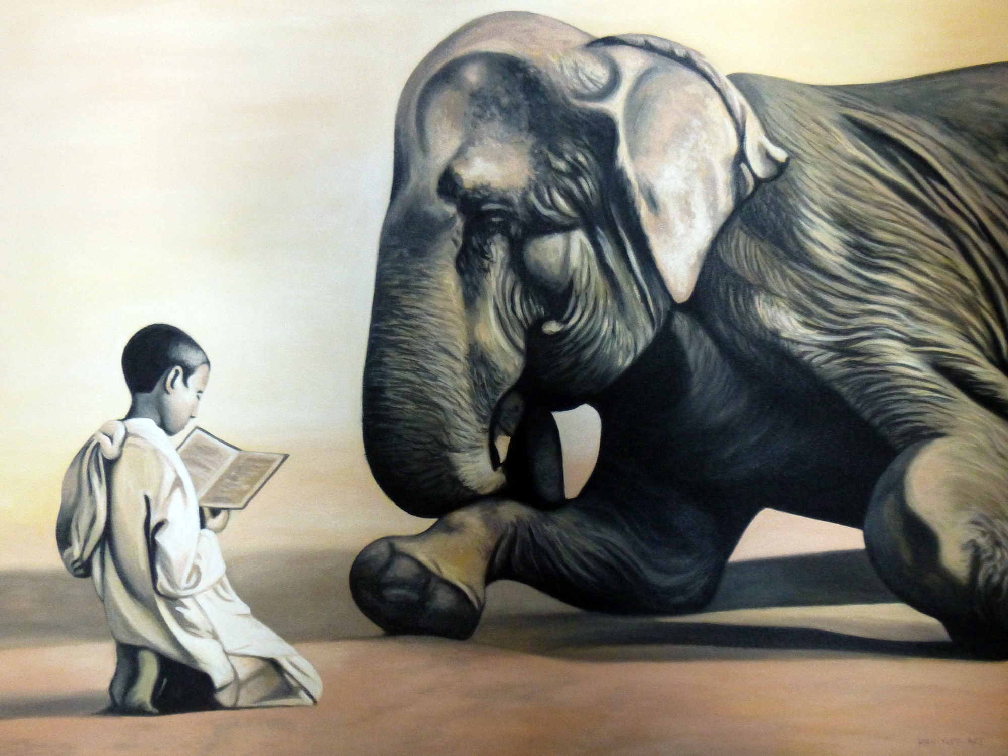 boy reading a book to an elephant