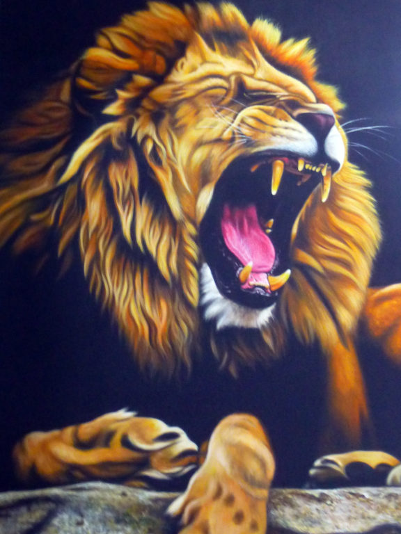 Yawning lion / Vertical – black background