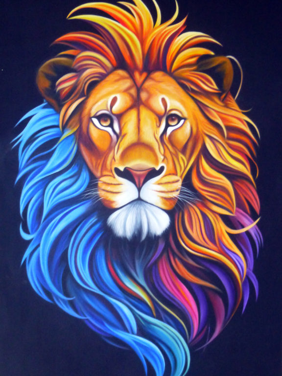 Male lion with colorful mane